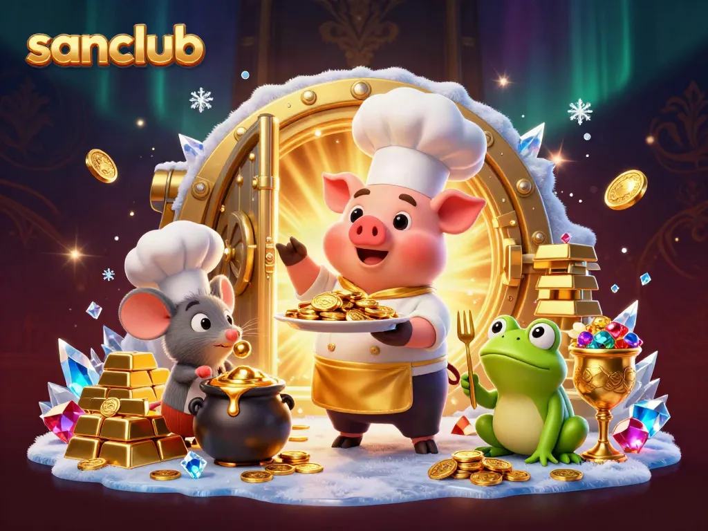 Experience the excitement of sanclub with cartoon characters celebrating wealth and casino joy in this vibrant scene.