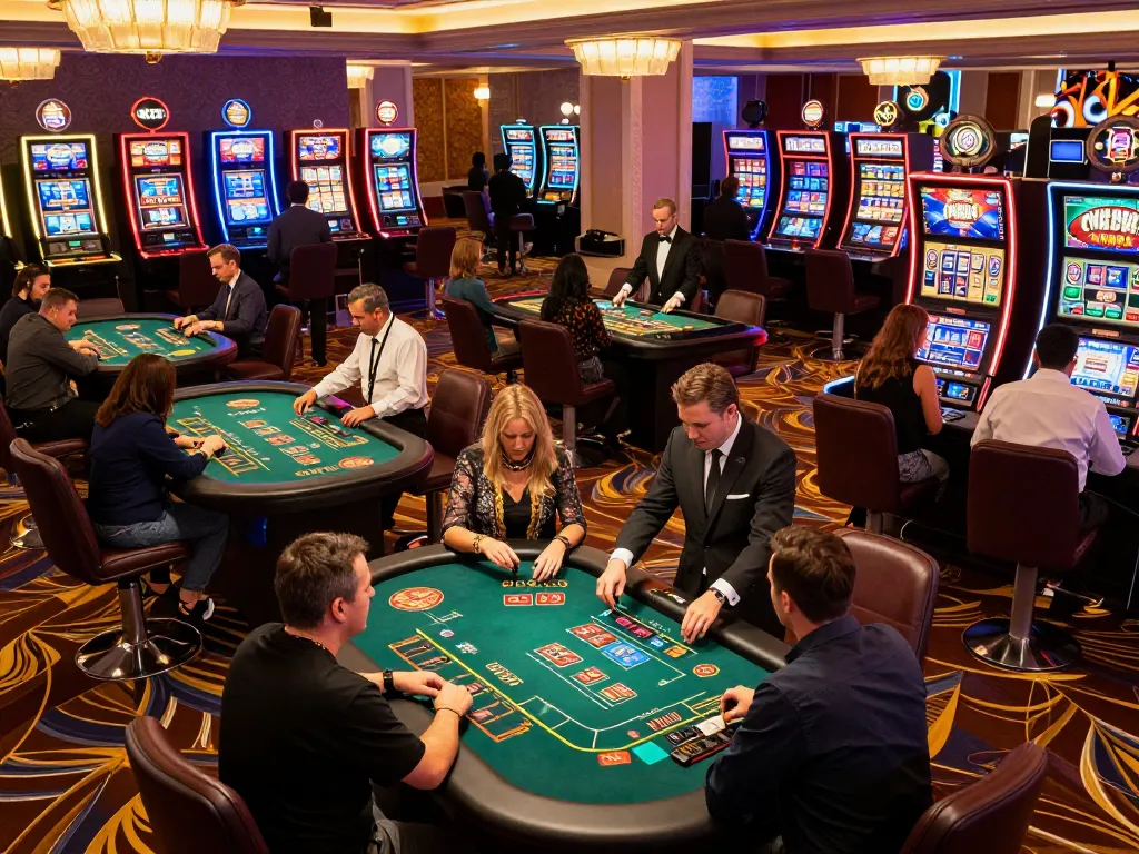 CM88 casino bustling with players engaged in games, dynamic atmosphere of excitement.