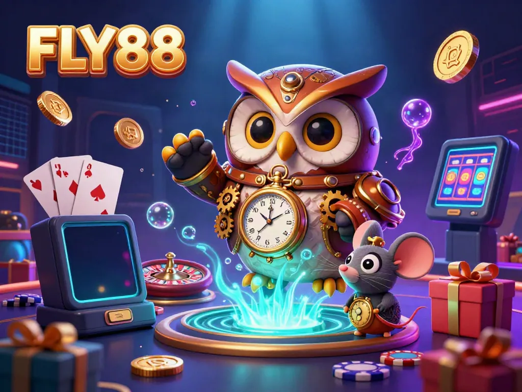 Experience the thrill of FLY88 in a vibrant casino scene with colorful slot games and rich details.