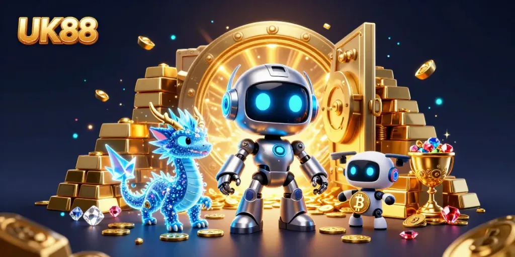 Engage in thrilling gaming at UK88 with an exciting casino scene illustration showcasing vibrant characters and treasures.