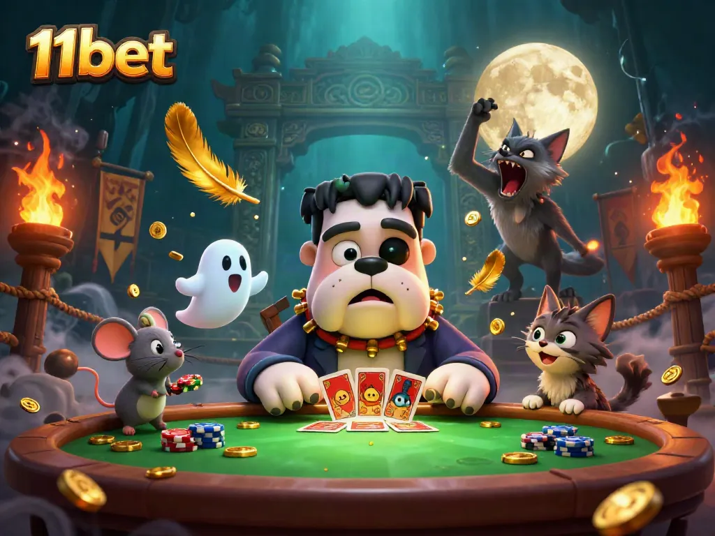 11bet cartoon characters in a lively casino scene dealing cards and gambling.