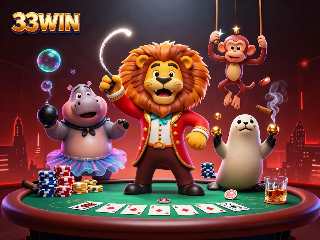Engage in exciting games at 33WIN, featuring vibrant casino elements and colorful 3D characters.