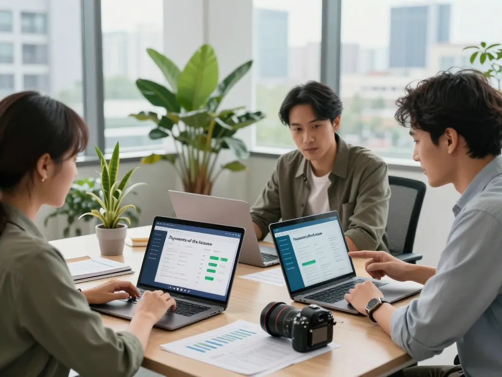 Team diskutiert innovative Zahlungen der Zukunft in einem hellen Büro.