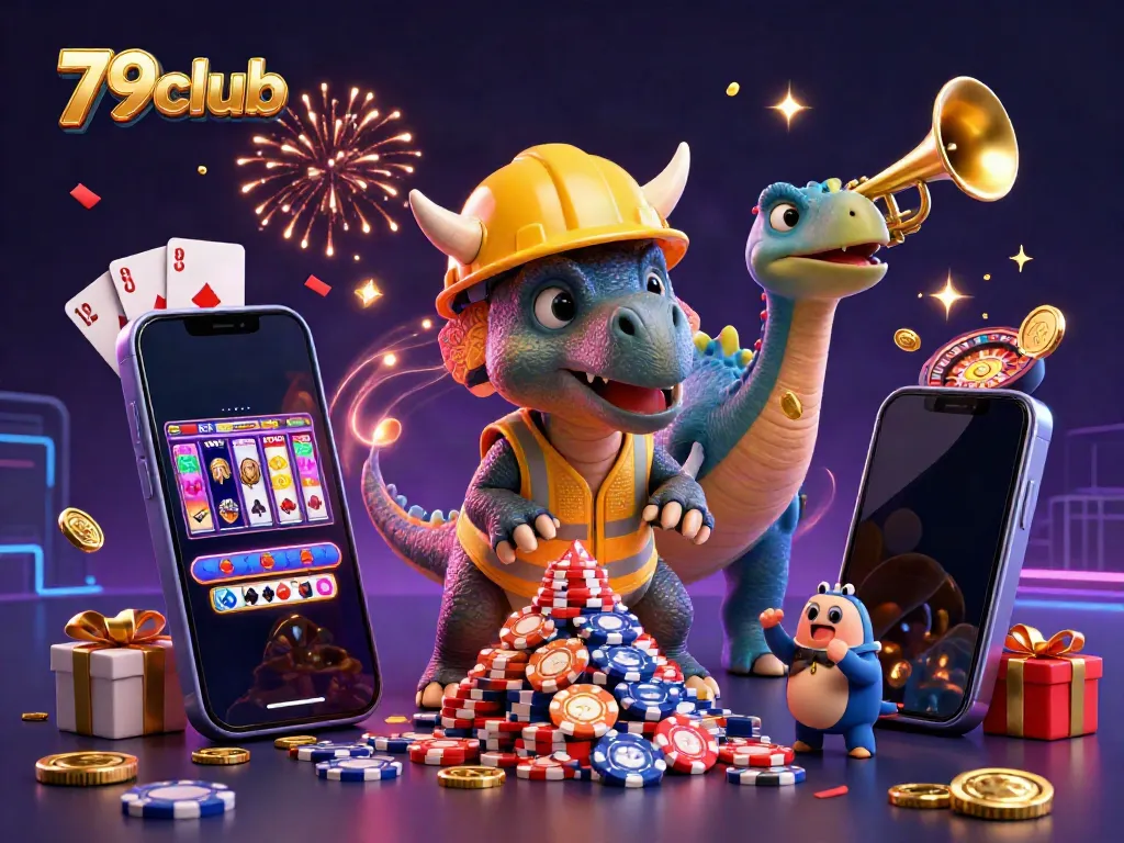 Engage with the thrilling world of 79club featuring a vibrant 3D illustration of a dinosaur-themed casino experience.