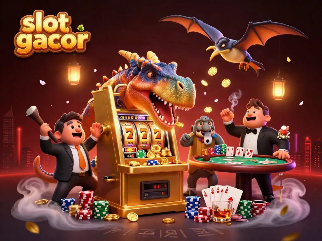 Capture jackpots at slot gacor with a cartoon dinosaur and casino chaos