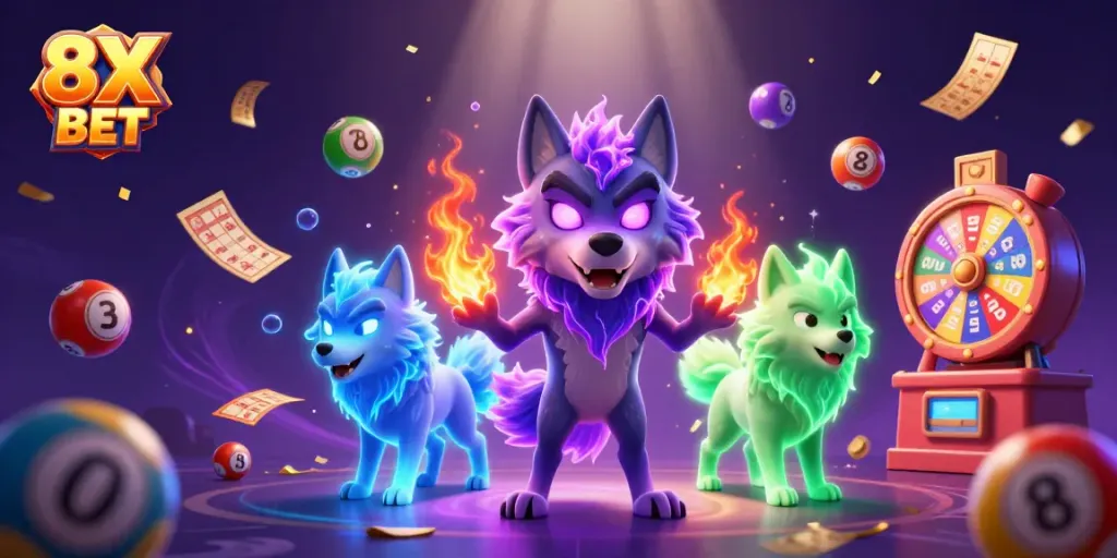 Engage with 8X BET in a vibrant casino atmosphere featuring glowing wolves, dynamic lottery elements, and energetic visuals.