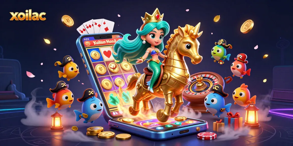 Xoilac features a vibrant 3D cartoon scene capturing casino excitement with a mermaid princess, seahorse, and slot games.