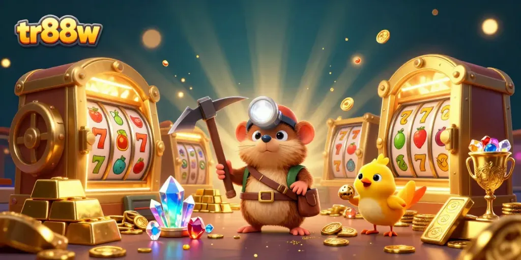 Win jackpots with tr88w's vibrant casino scene of a treasure hunter and dazzling prizes.