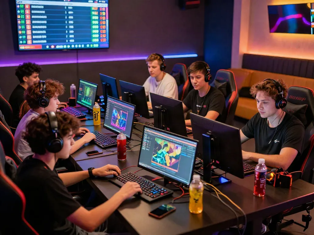 Dynamic gaming competition atmosphere with players strategizing around screens, showcasing 78win excitement.