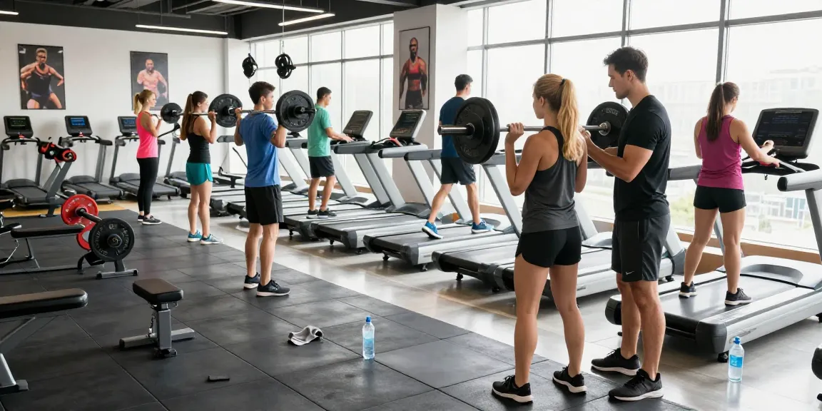Aktive Fitness-Enthusiasten im Unique Pharma Shop mit gesunden Produkten und Sportgeräten.