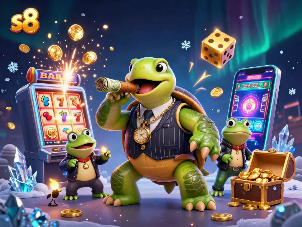 Engaging s8 casino scene with a mobster turtle, enforcer frogs, and jackpot elements.