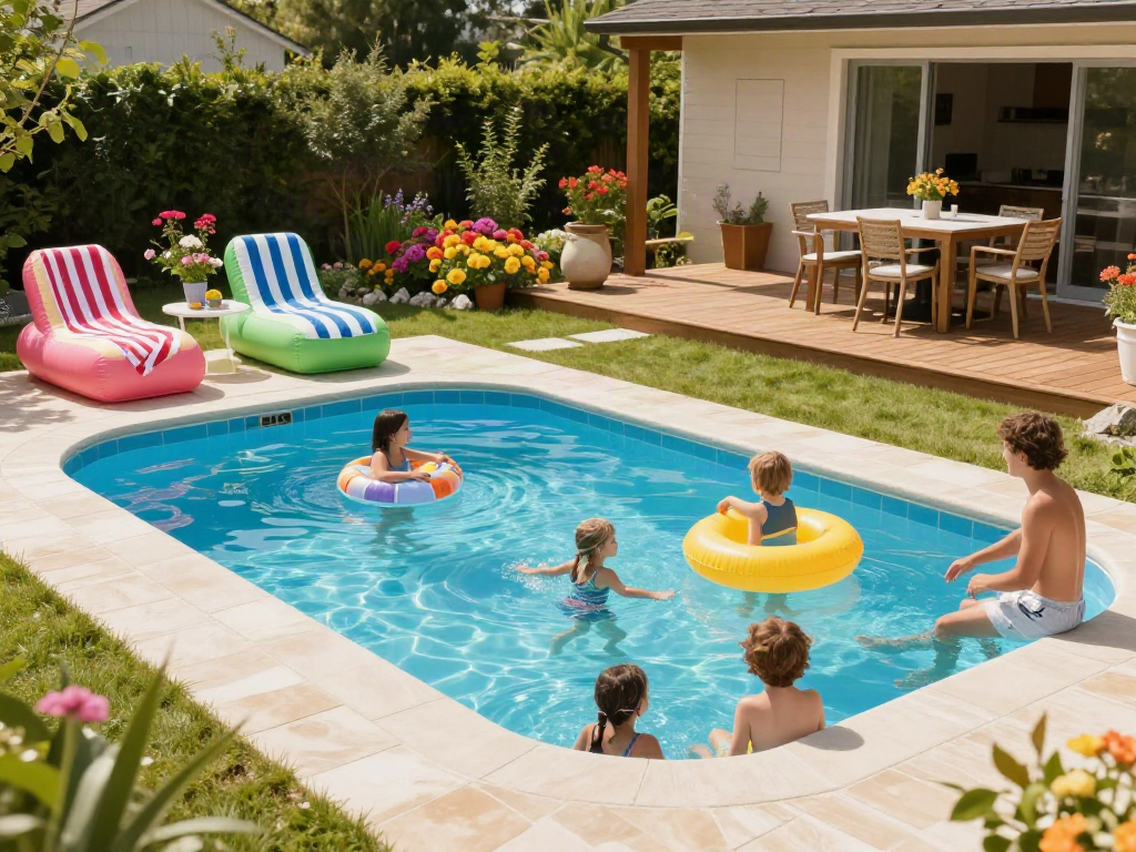 A family enjoying a sunny day by their Gartenpool, with playful inflatable toys, vibrant garden flowers, and outdoor dining furniture.