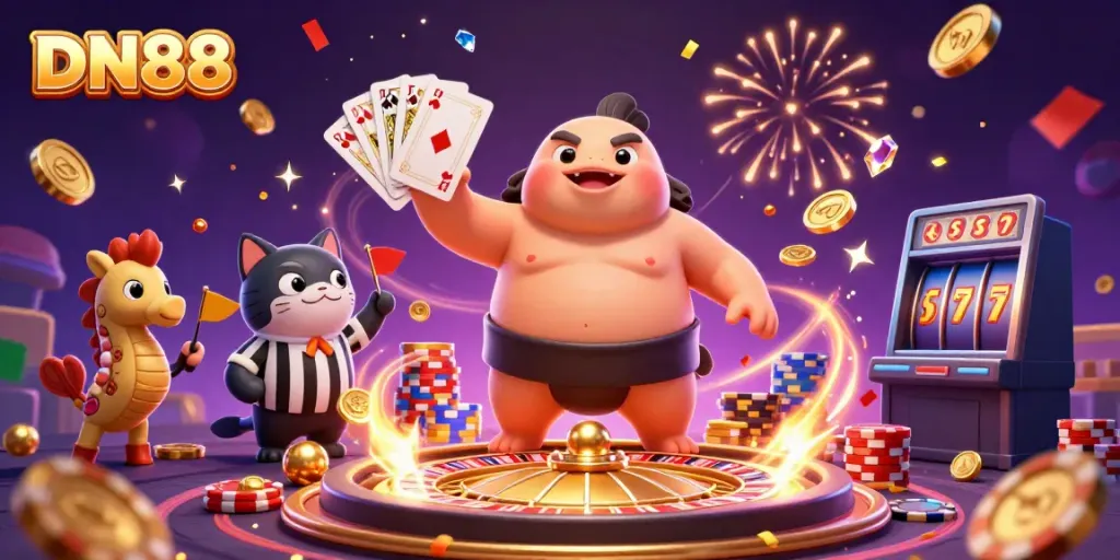 Watch DN88's exciting fugu fighter surrounded by casino elements in a vibrant underwater theme.