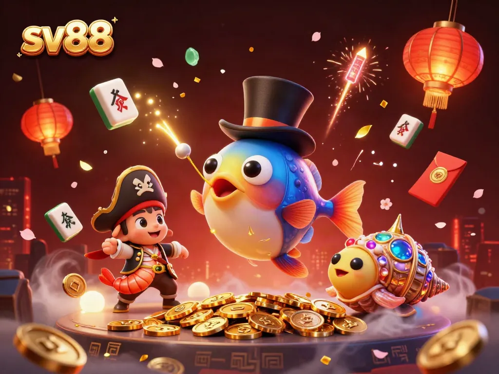 Catch big wins with sv88 in a vibrant 3D illustration showcasing lucky treasures and characters.