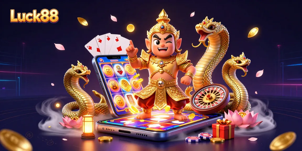 Experience Luck88 with a dynamic 3D scene of a Thai guardian, slot game action, and vibrant casino elements.