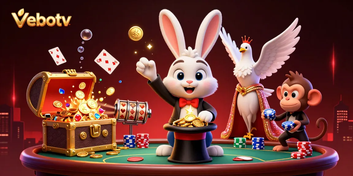 Capture the excitement of live betting with vebotv's dynamic 3D illustration showcasing a magician rabbit, dove, and monkey in a casino scene.