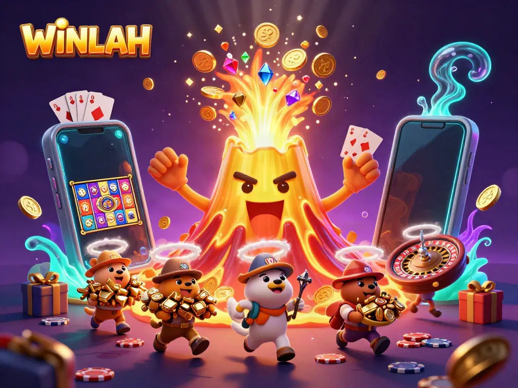 Experience the excitement at WINLAH with a triumphant volcano surrounded by treasure and gaming elements.