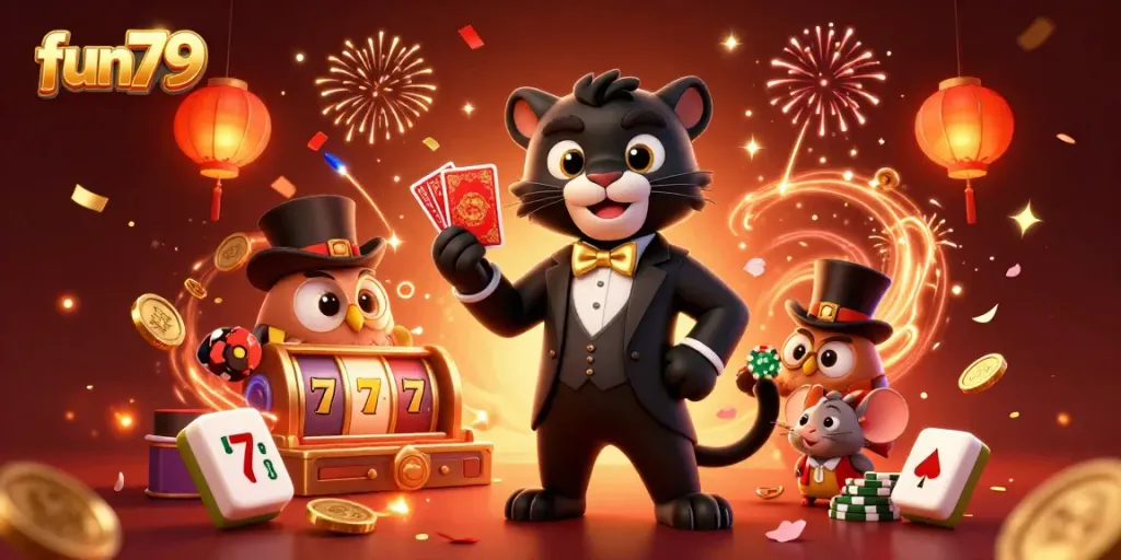 Engage in exciting gameplay at fun79 with a dynamic 3D scene featuring a black panther dealer and gaming elements.