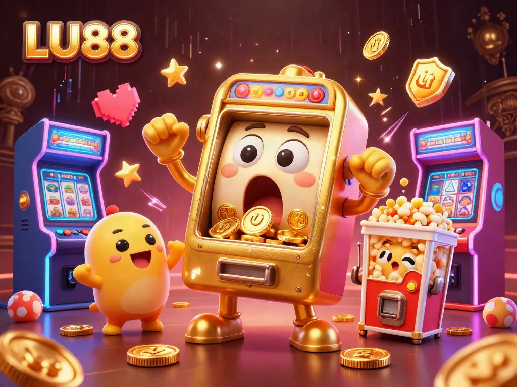 LU88 slot machine hitting a jackpot, surrounded by colorful gaming elements and cheering machines.