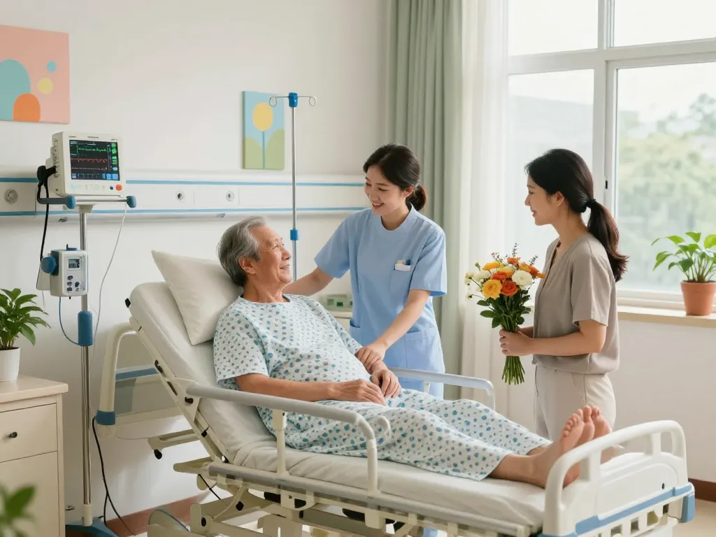 Adjustable giường bệnh nhân in a warm hospital setting, showcasing patient care and family support.