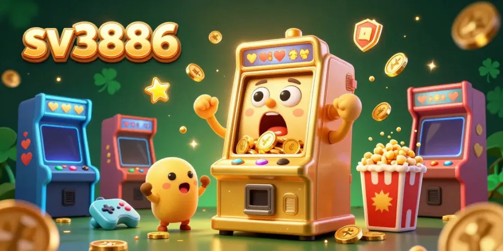 Watch sv3886's golden slot machine excitedly hitting a jackpot as coins spill out in a vibrant casino scene.