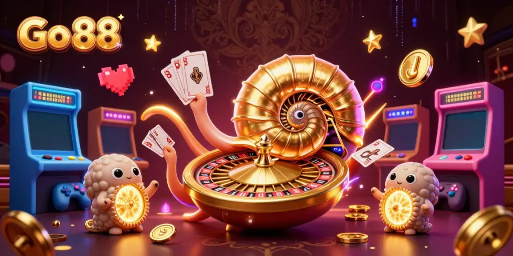 Engage with Go 88's thrilling casino experience featuring a giant nautilus roulette wheel and glowing game elements.