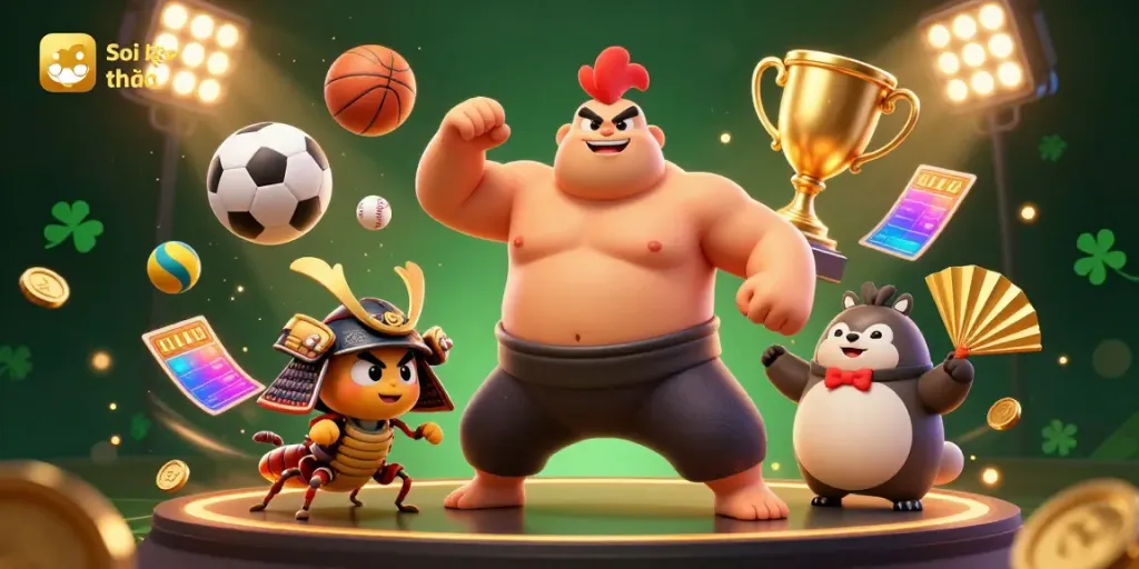 Soi kèo nhà cái captures a dynamic scene of a sumo wrestler rooster, a samurai cricket, and a tanuki announcer, embodying sports betting excitement.