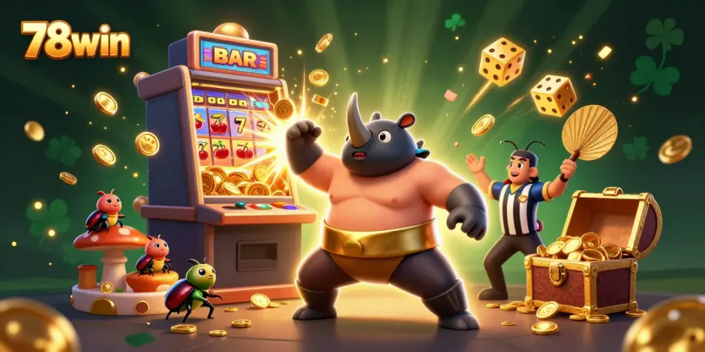 Experience lively gaming action with 78win's championship beetle and golden coins flying during a jackpot explosion.