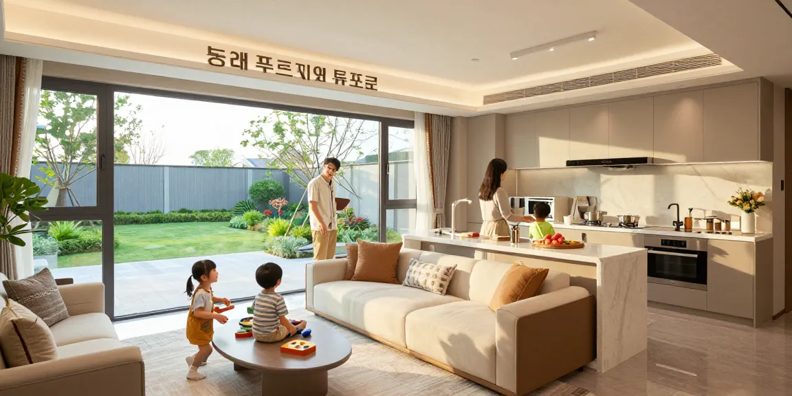 동래 푸르지오 에듀포레 아파트 내부에서 가족이 모델 하우스를 탐색하는 모습