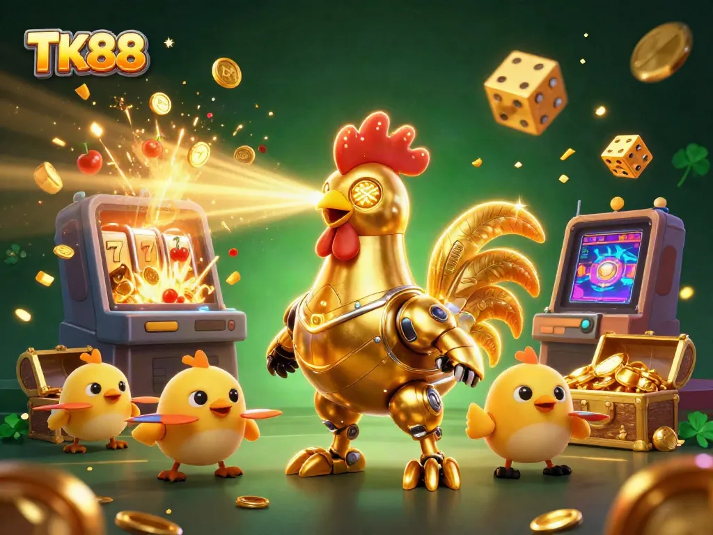Exciting TK88 casino experience with golden rooster robot and jackpots in 3D illustration.