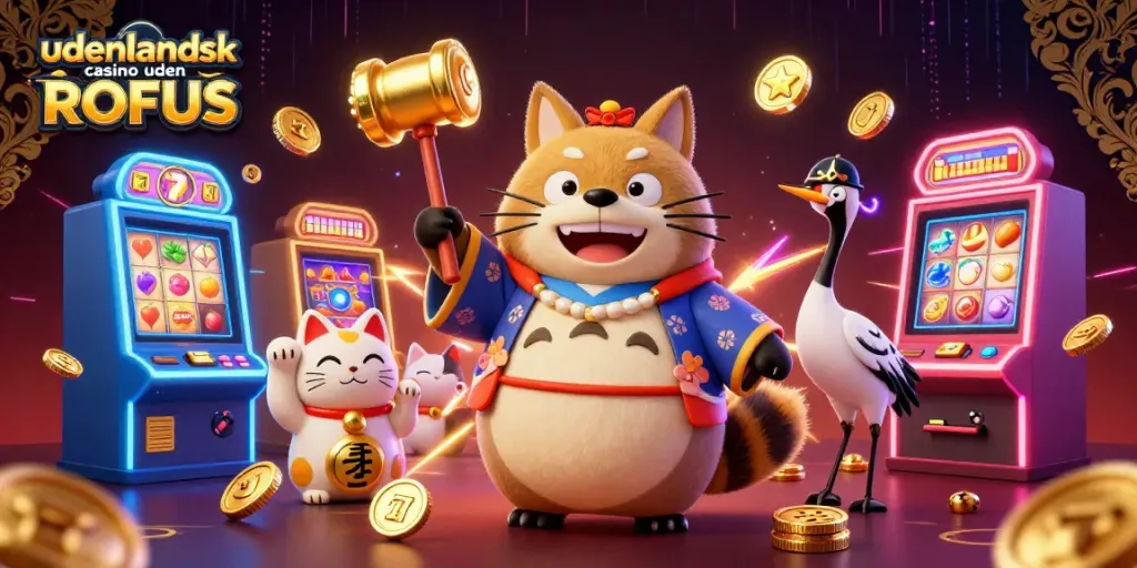 Experience the thrill of udenlandsk casino uden ROFUS with festive characters, slot machines, and vibrant gaming elements.
