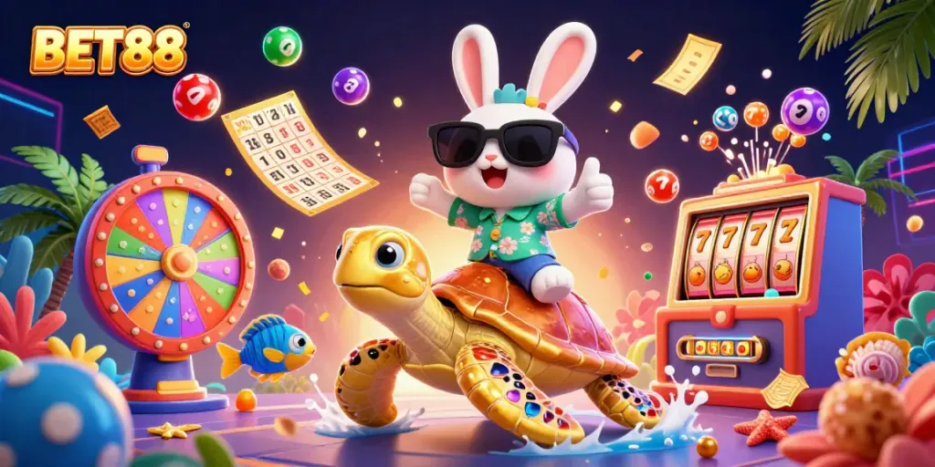 BET88 thu hút với chú thỏ may mắn 3D và rùa vàng trong đại dương tươi đẹp.