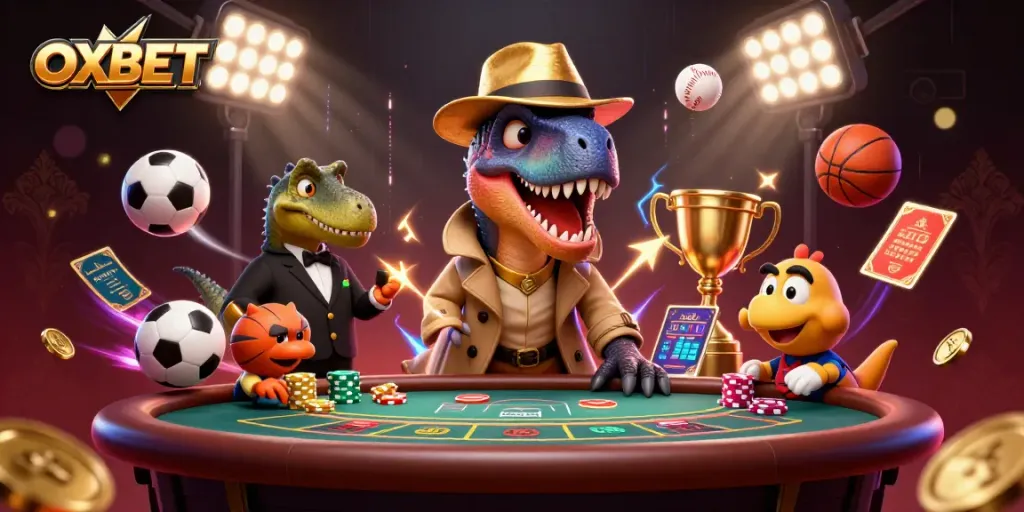 Experience OXBET with a cartoon velociraptor card counter, stegosaurus boss, and lively gaming elements.