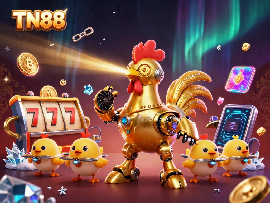 Experience TN88's dynamic gaming world with a golden rooster robot surrounded by colorful slot game elements.