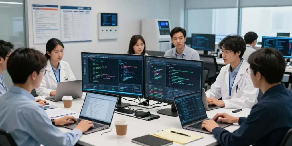 Collaboration in enterprise AI lab with diverse professionals analyzing algorithms and data visualizations.