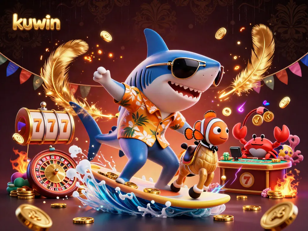 Kuwin's vibrant casino scene features a hammer-head shark and charming sea creatures amidst gold coins and dynamic game elements.