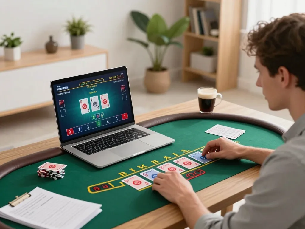 Player strategizing at live baccarat via Nhà cái V9BET, emphasizing responsible gaming.