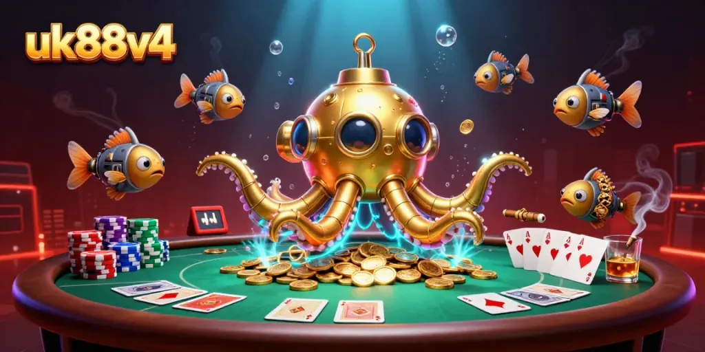 Experience thrilling gameplay at uk88v4 with a vibrant illustration featuring a golden kraken submarine and poker elements.