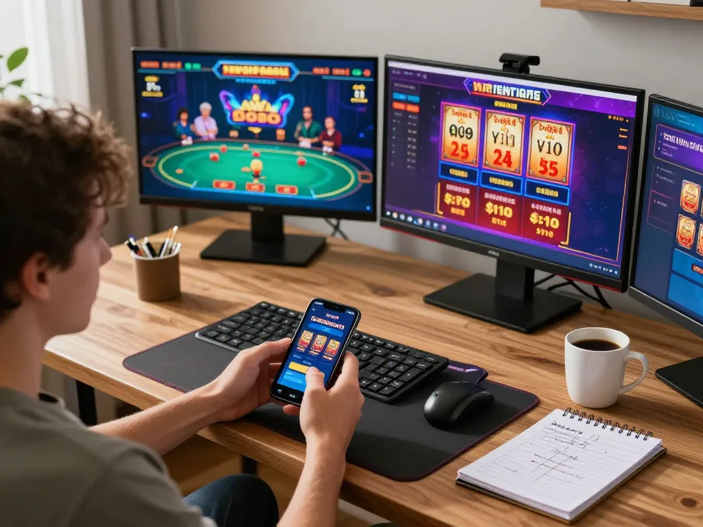 Kuwin casino app shown on smartphone in an engaging online gaming setup at home.