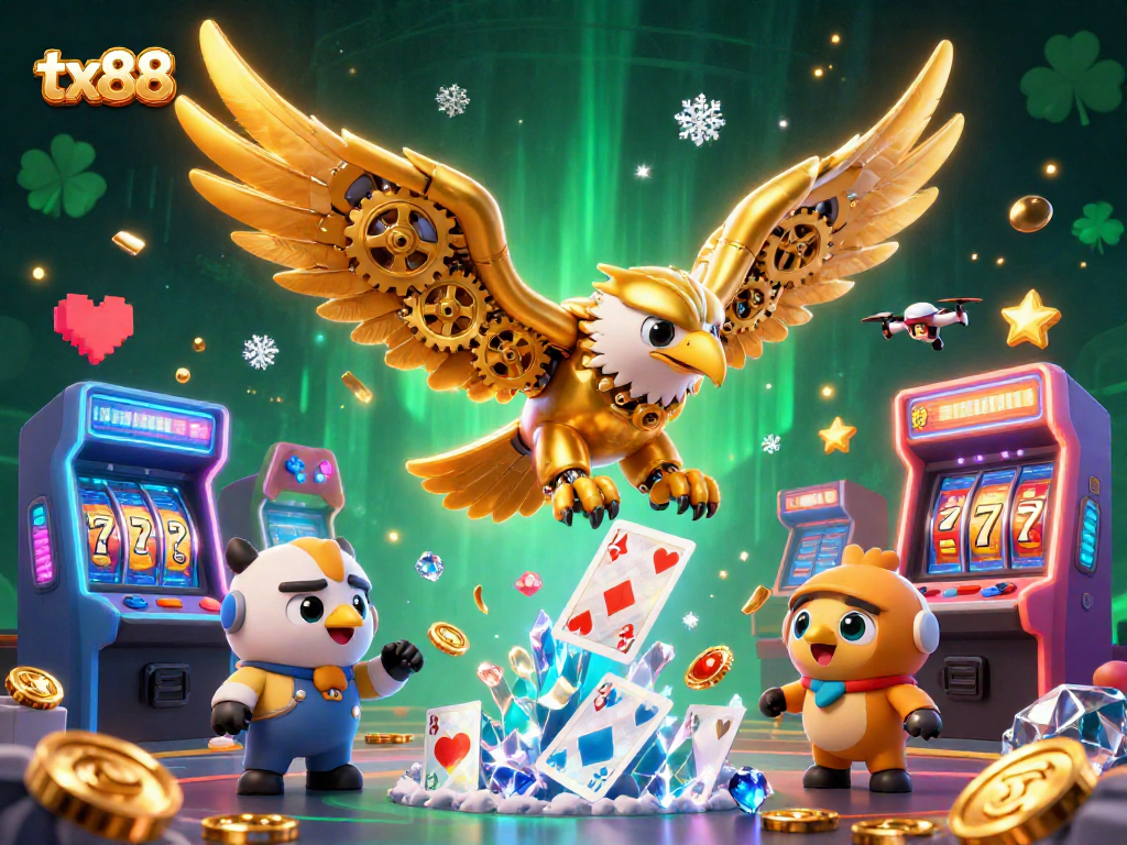 Win big with tx88 as a cybernetic eagle dives through holographic cards in a vibrant casino scene.