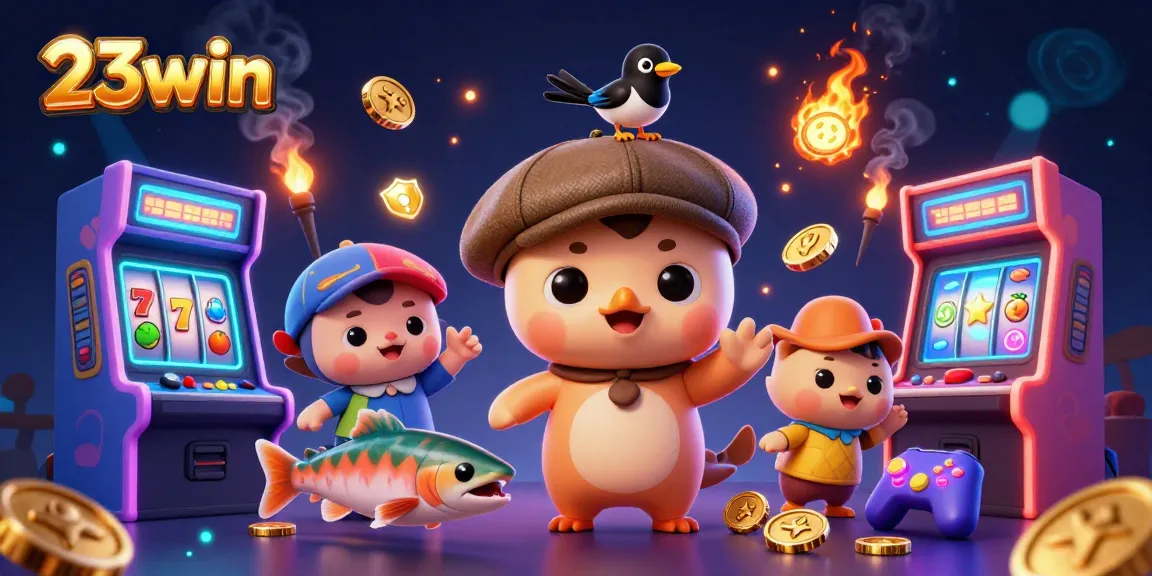 Engage in thrilling slots at 23win with a playful Nessie amidst colorful casino game highlights.