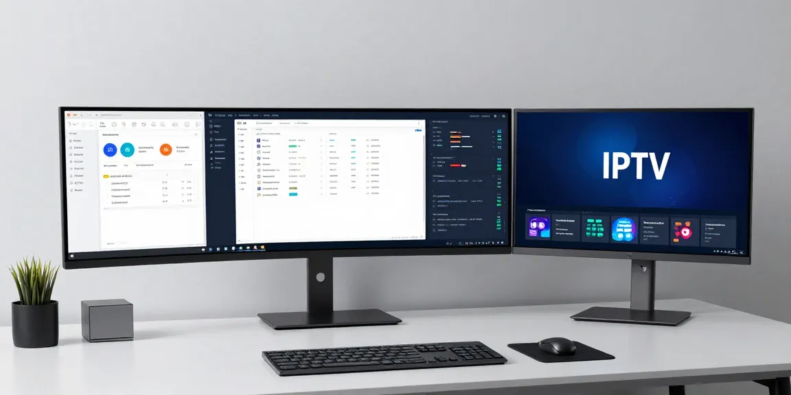 IPTV Anbieter - modernes Entwicklerbüro mit Software-Tools und Datenanalytik.