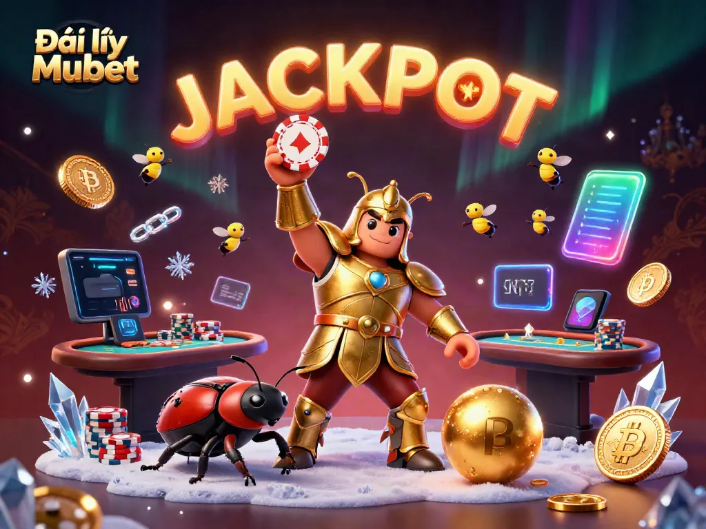 Engage with Đại lý Mubet as the winning hercules beetle celebrates a poker chip victory in this vibrant casino scene.