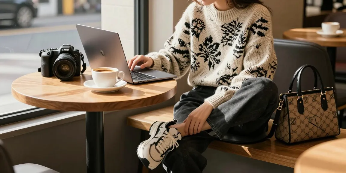 Wie style ich diesen Opa Pulli in einem modernen Café-Look mit trendigen Accessoires und natürlichem Licht?