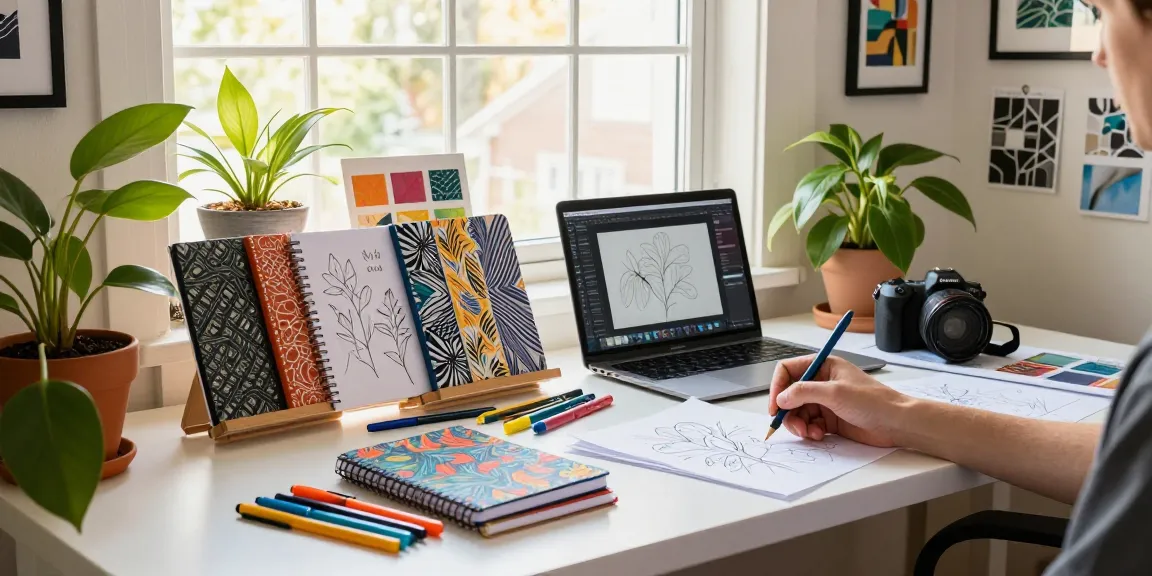 Artist in home office using custom printed notebooks for creative design process.