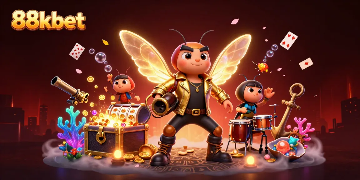 Play games at 88kbet and enjoy exciting slots and jackpots in a vibrant, dynamic illustration.