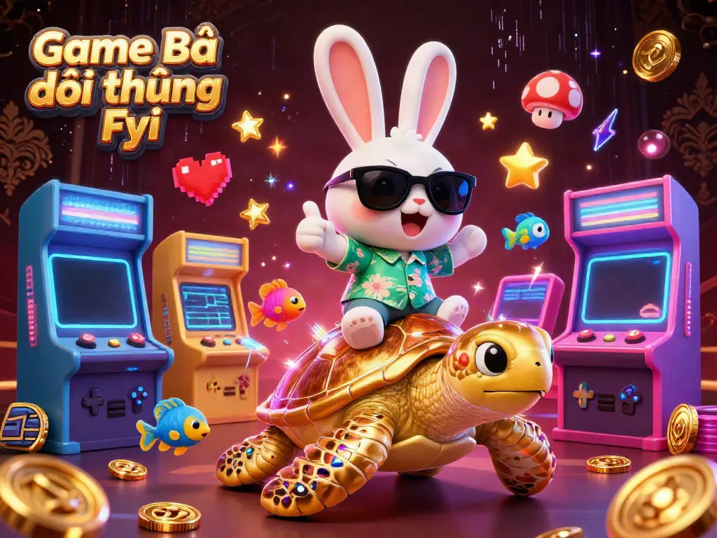 Experience the thrill of Game Bài Đổi Thưởng Fyi with an adorable lucky rabbit and giant turtle in a vibrant casino scene.