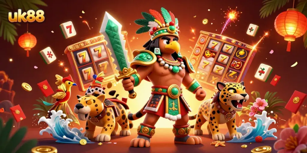 Engage in exhilarating slots action at uk88 with vibrant characters and dynamic casino elements.
