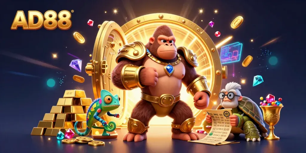 Experience the thrilling world of AD88 with a powerful gorilla king, chameleon spy, and wise tortoise amidst incredible treasure.