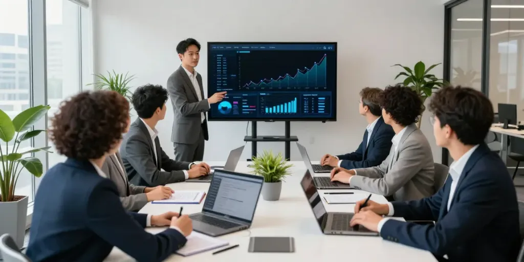 Reunión estratégica en oficina moderna con equipo diverso analizando datos de bbva empresas